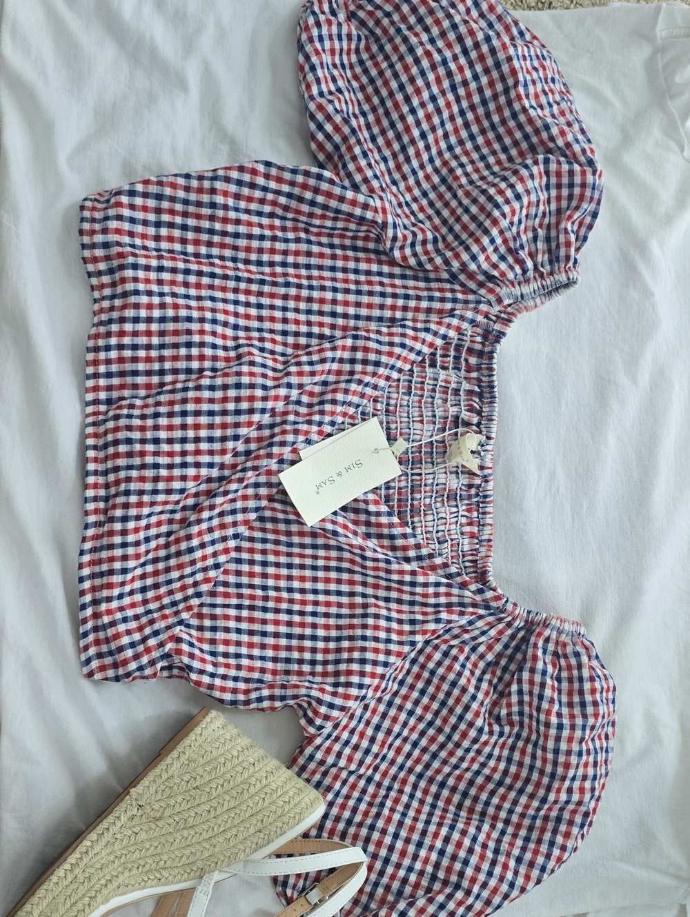 Smock Waist Off-Shoulder Check Shorts - Red/White/Blue
